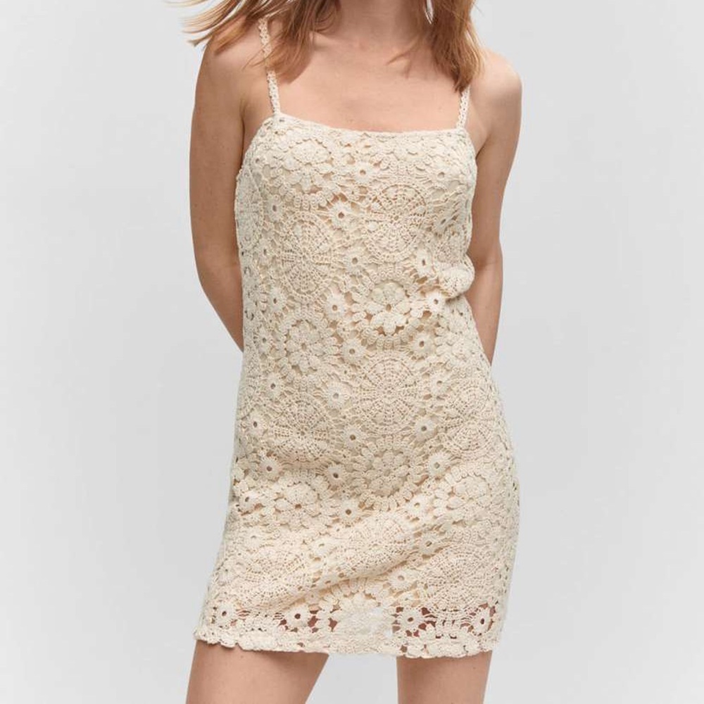 Mango Dalias Crochet Mini Dress- Beige